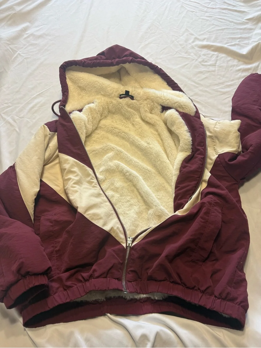 Topshop Burgundy and Cream Hooded Puffer Jacket